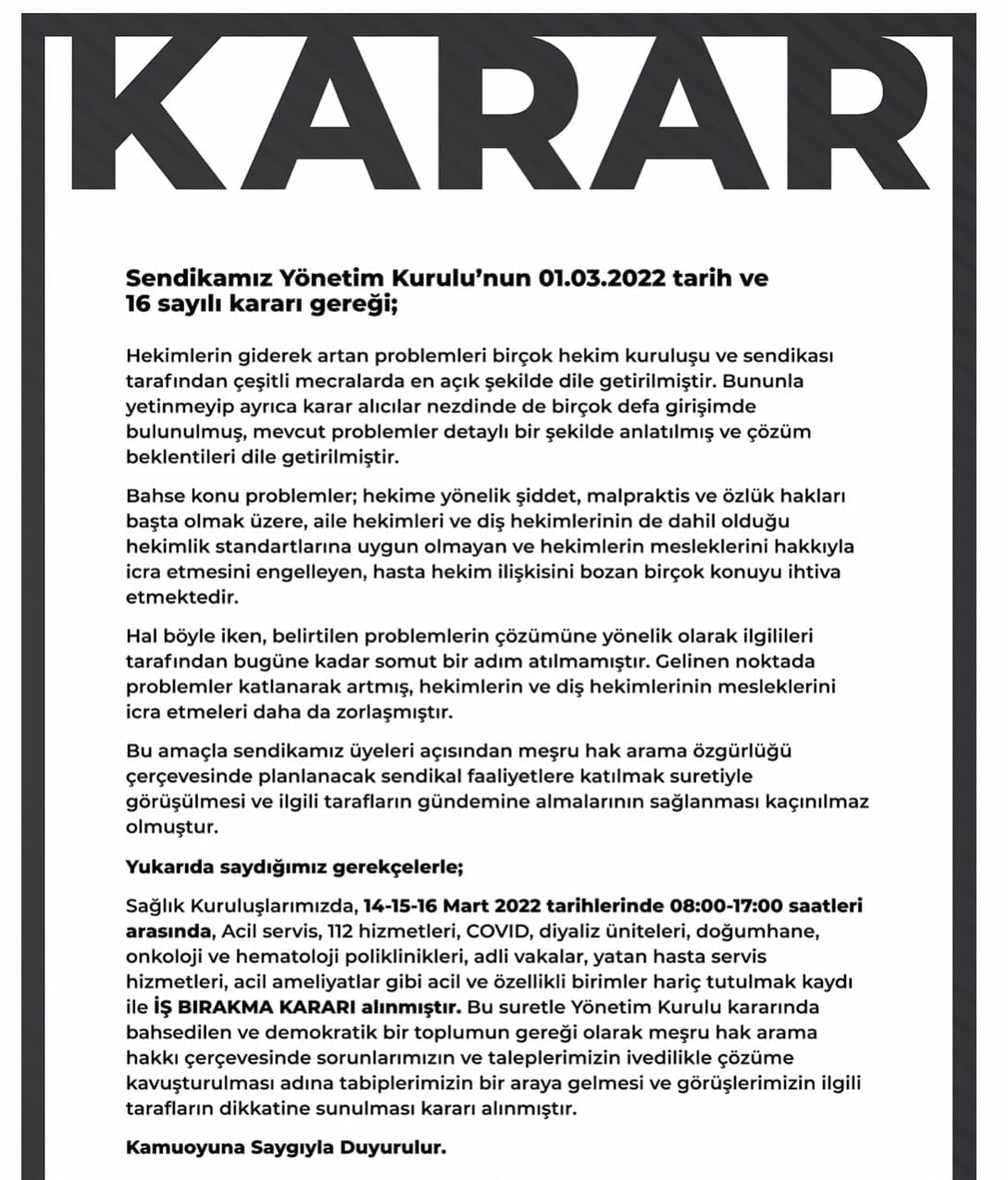 Hekimler yarın greve gidiyor
